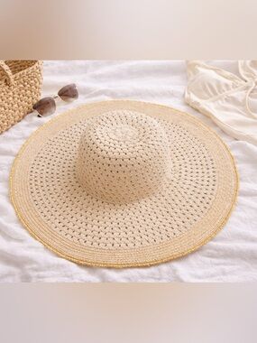 Chico's Wide-Brim Straw Sun Hat in Natural with Gold Trim